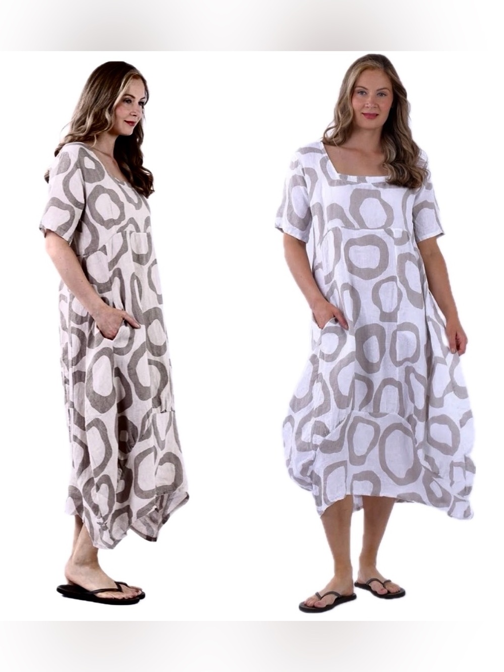 Made In Italy 100% Linen Lagenlook Balloon Dress M / XL Oversized Pockets Boho